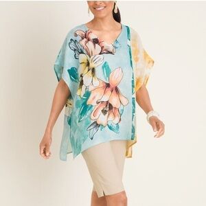 Chico’s Tropical Bloom Linen Poncho BlouseTop
